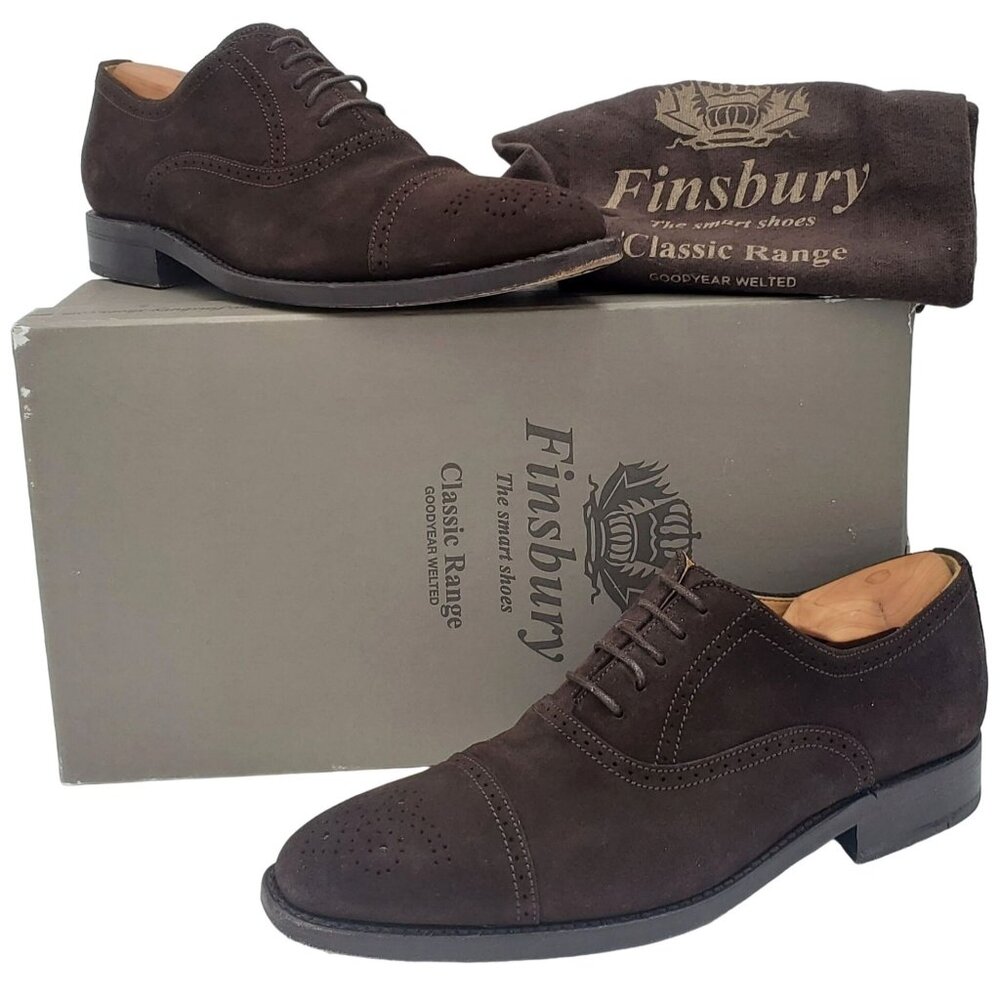 UK England Finsbury Dress Shoes Men's 6.5 Brown Suede Leather Cap-toe Oxfords